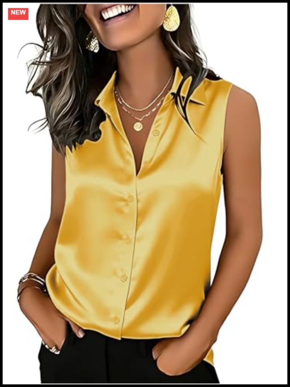 Silk Satin Sleeveless Button Down Blouse V Neck Tank Top for Work Office